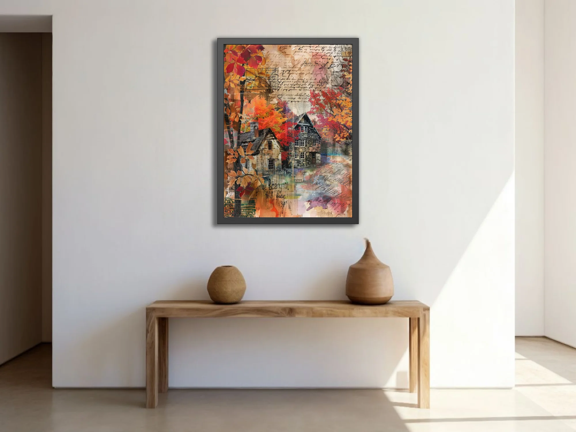 Vintage collage-style autumn cottage with fiery foliage and handwritten script overlays