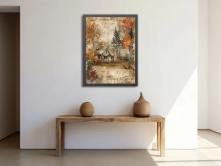 Vintage collage autumn cabin scene with aged parchment, script, and fall foliage