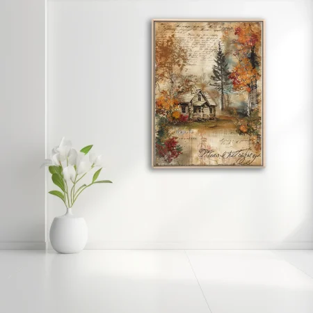 Vintage collage autumn cabin scene with aged parchment, script, and fall foliage