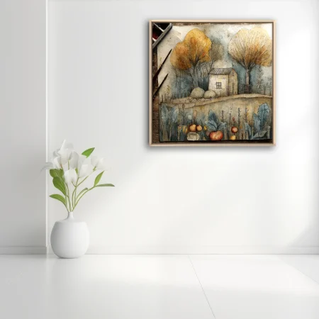 Watercolor-style autumn cottage with amber trees and vegetable garden, earthy tones