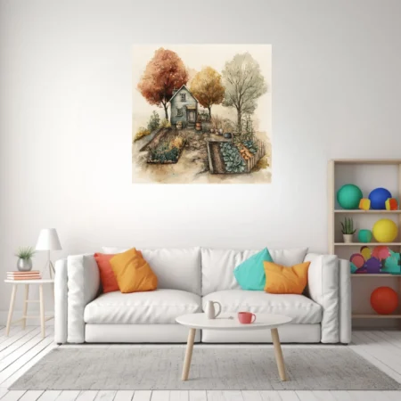 Watercolor-style autumn cottage with garden beds, russet trees, warm earthy tones