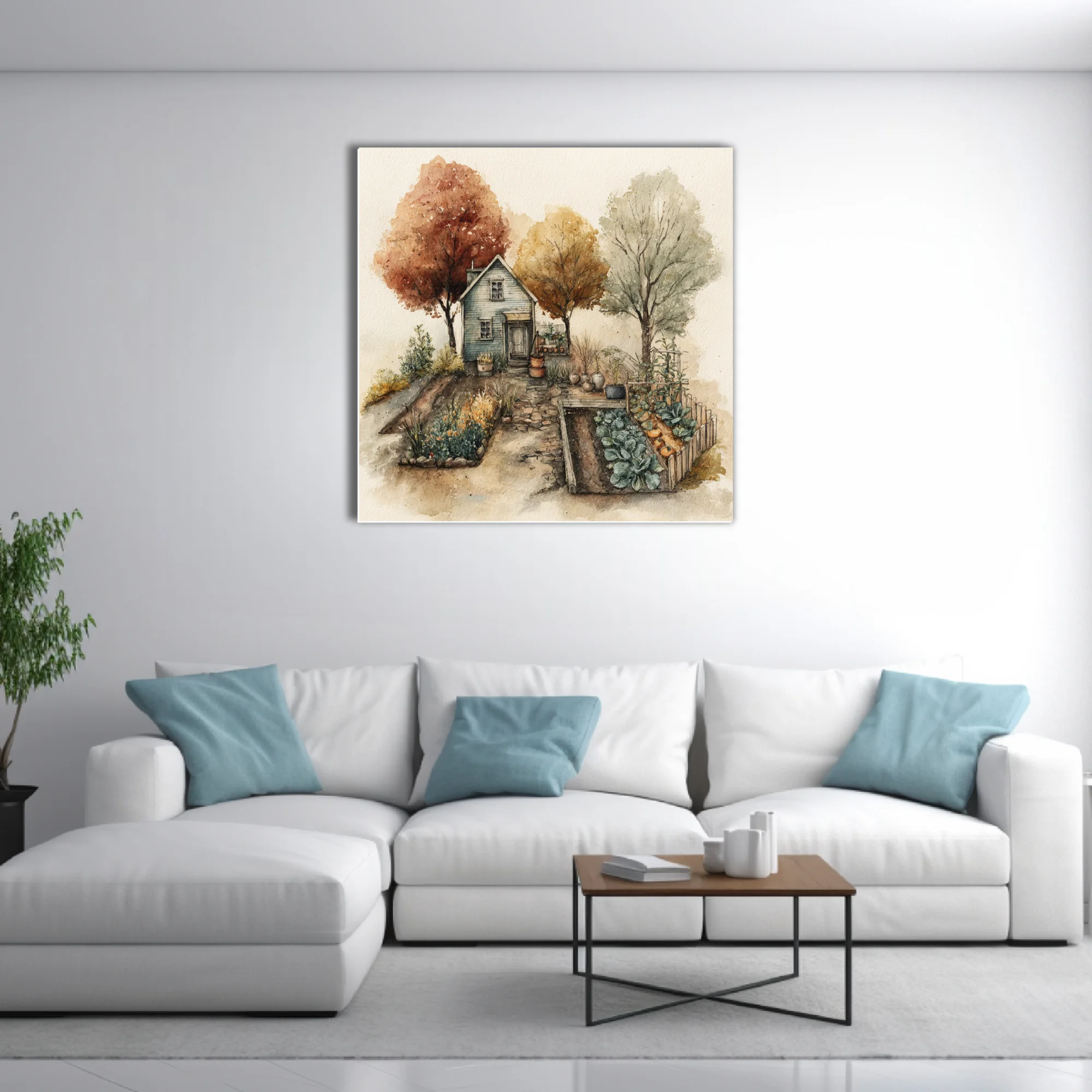 Watercolor-style autumn cottage with garden beds, russet trees, warm earthy tones
