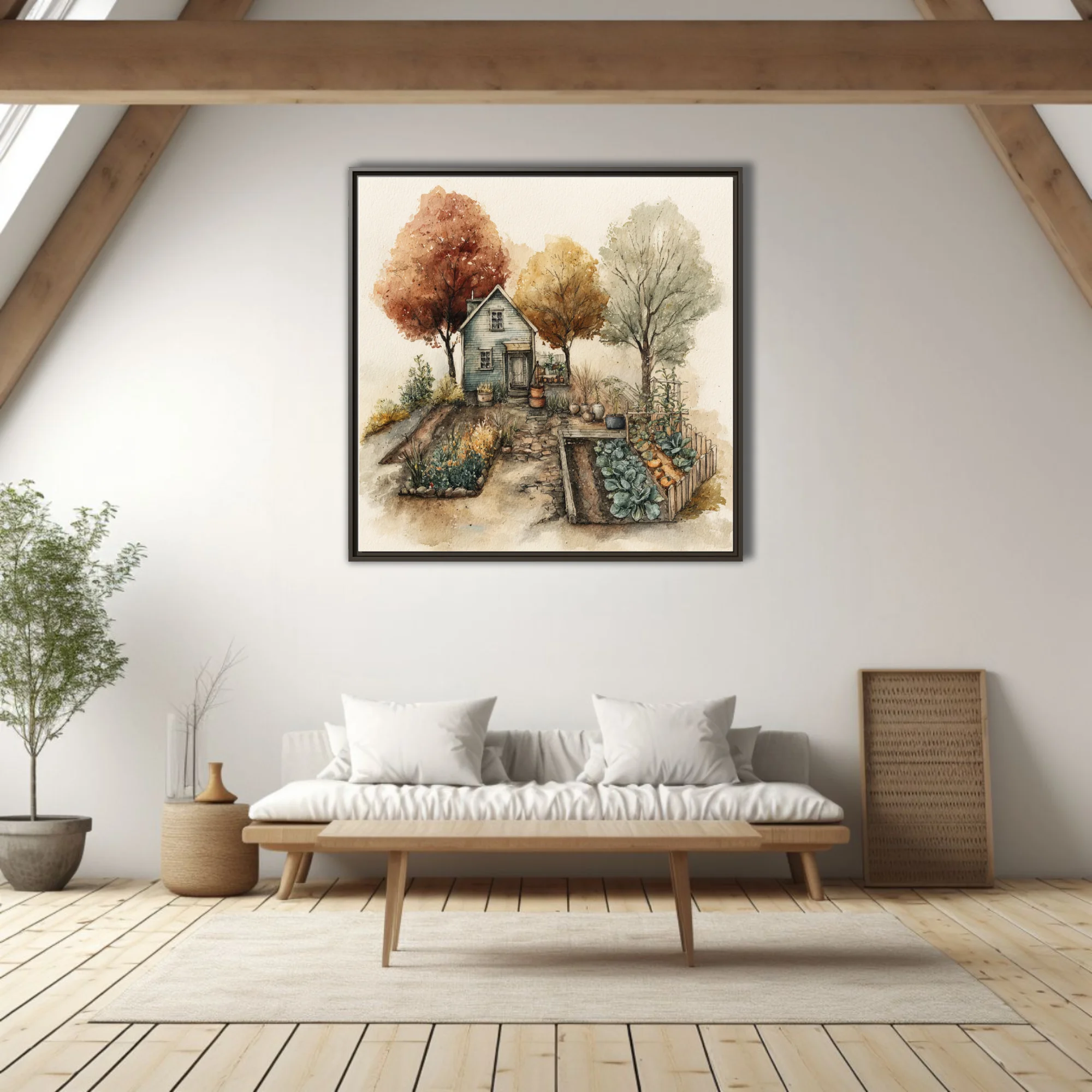 Watercolor-style autumn cottage with garden beds, russet trees, warm earthy tones