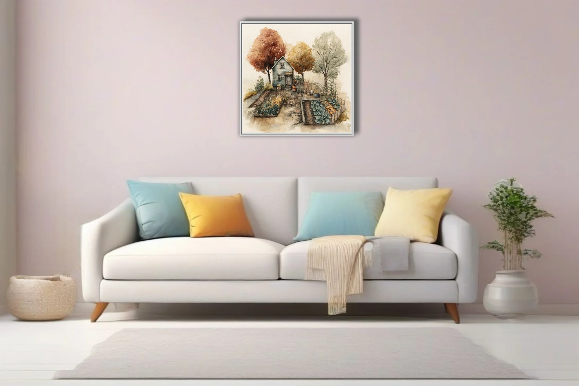 Watercolor-style autumn cottage with garden beds, russet trees, warm earthy tones