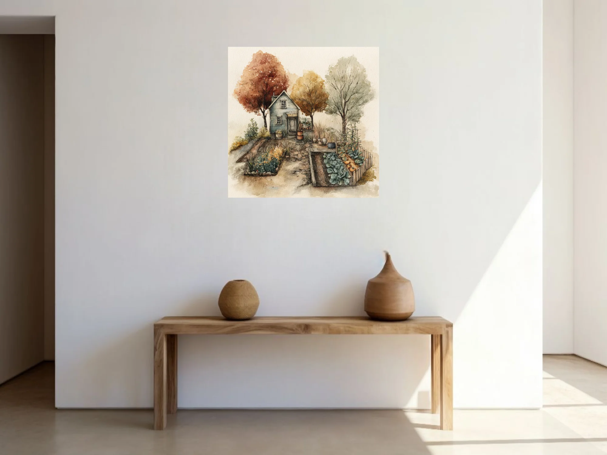 Watercolor-style autumn cottage with garden beds, russet trees, warm earthy tones