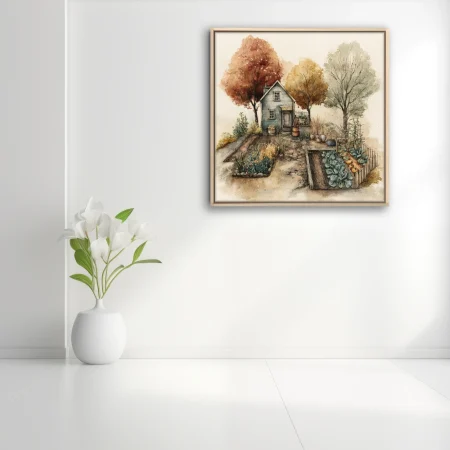 Watercolor-style autumn cottage with garden beds, russet trees, warm earthy tones