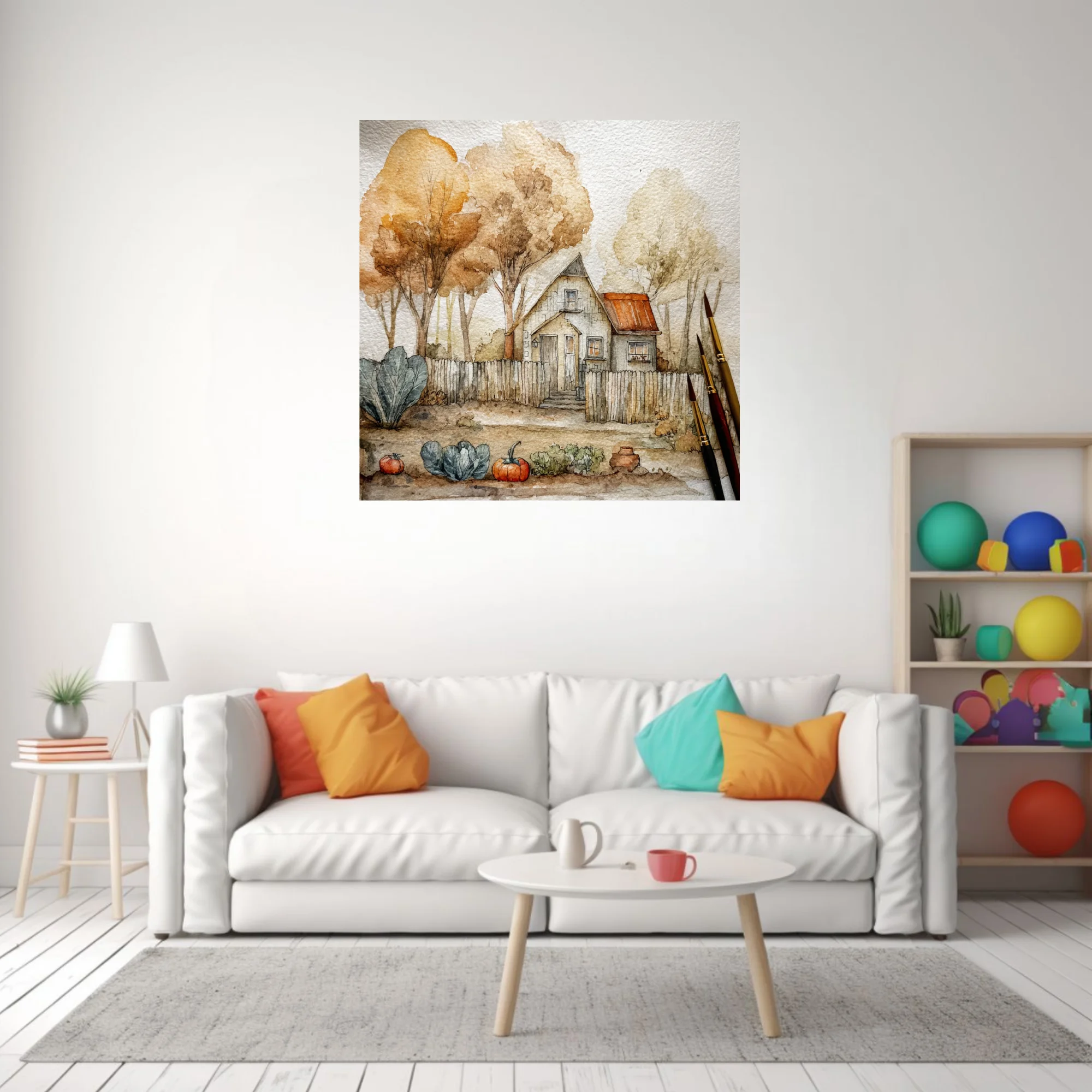Autumn watercolor-style cottage with harvest garden, warm ochre and rust tones