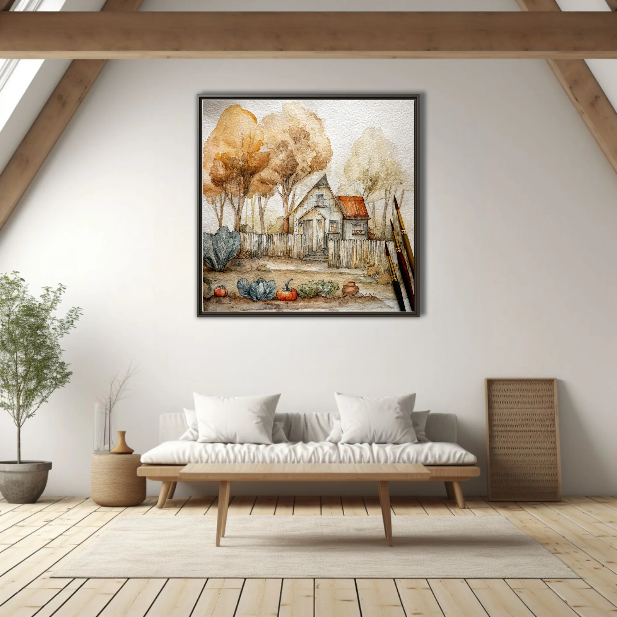 Autumn watercolor-style cottage with harvest garden, warm ochre and rust tones