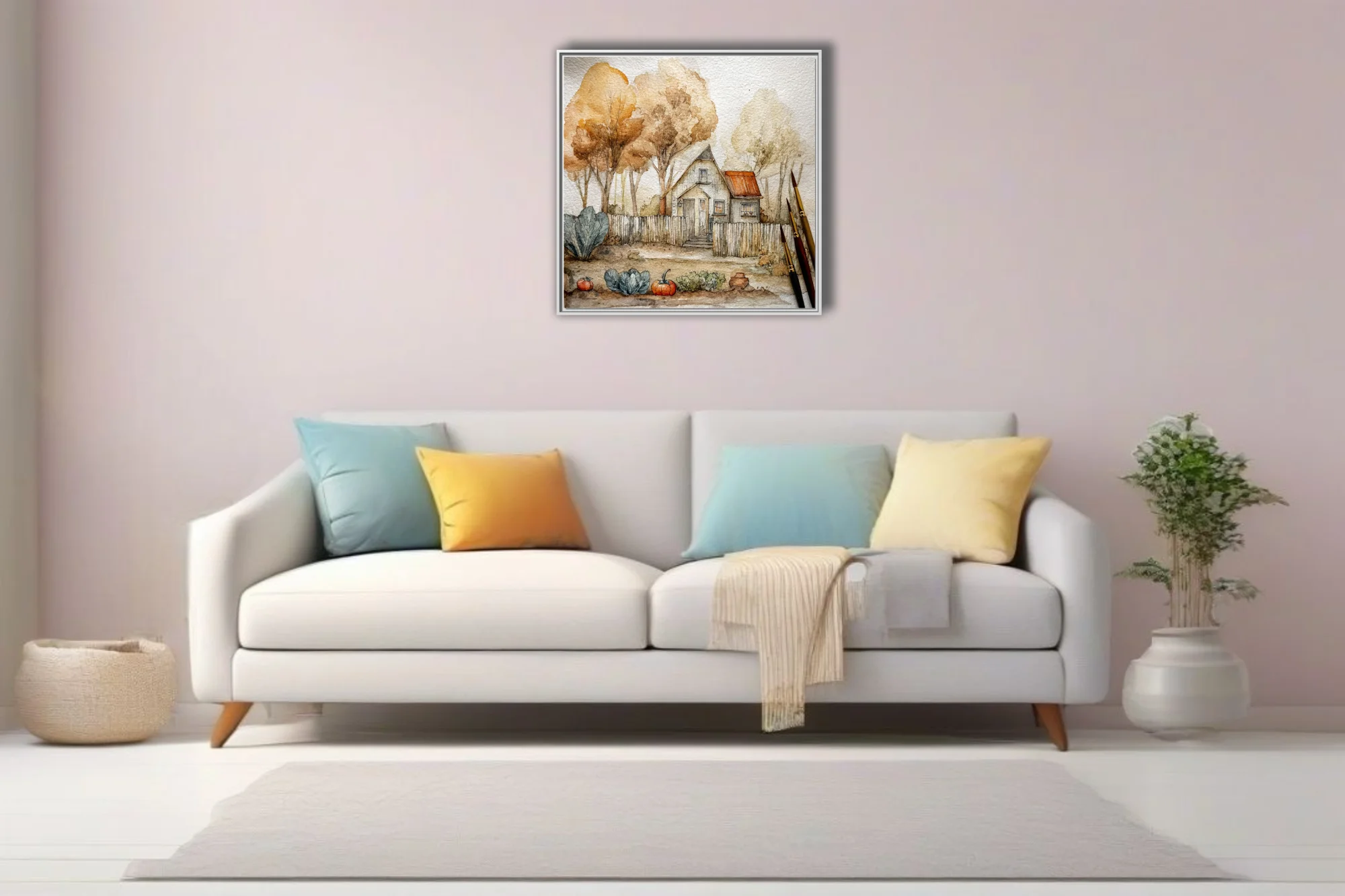 Autumn watercolor-style cottage with harvest garden, warm ochre and rust tones
