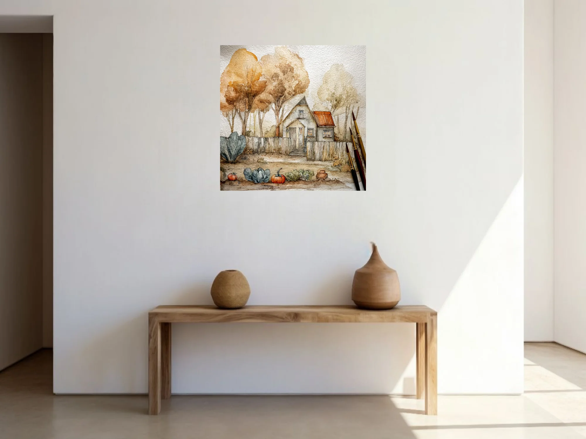 Autumn watercolor-style cottage with harvest garden, warm ochre and rust tones