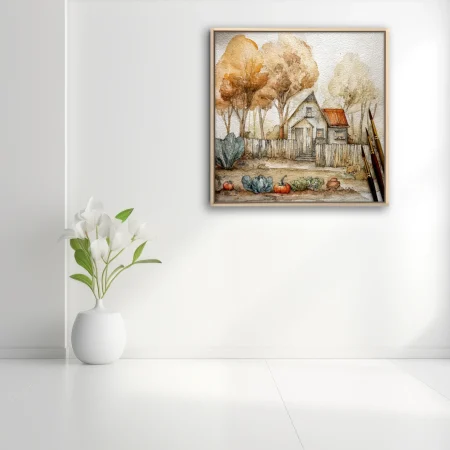 Autumn watercolor-style cottage with harvest garden, warm ochre and rust tones