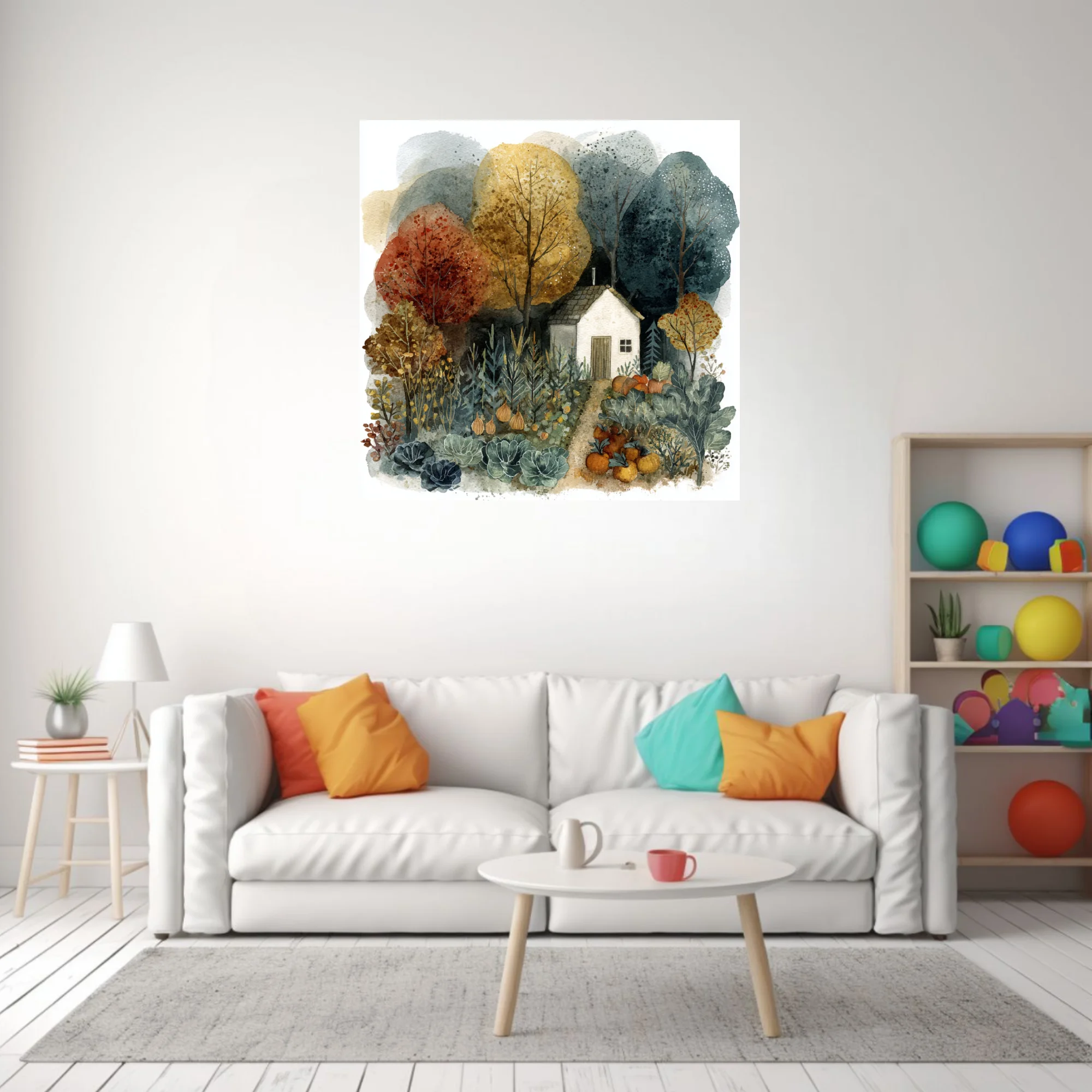 Watercolor-style autumn cottage garden with harvest vegetables and colorful fall trees