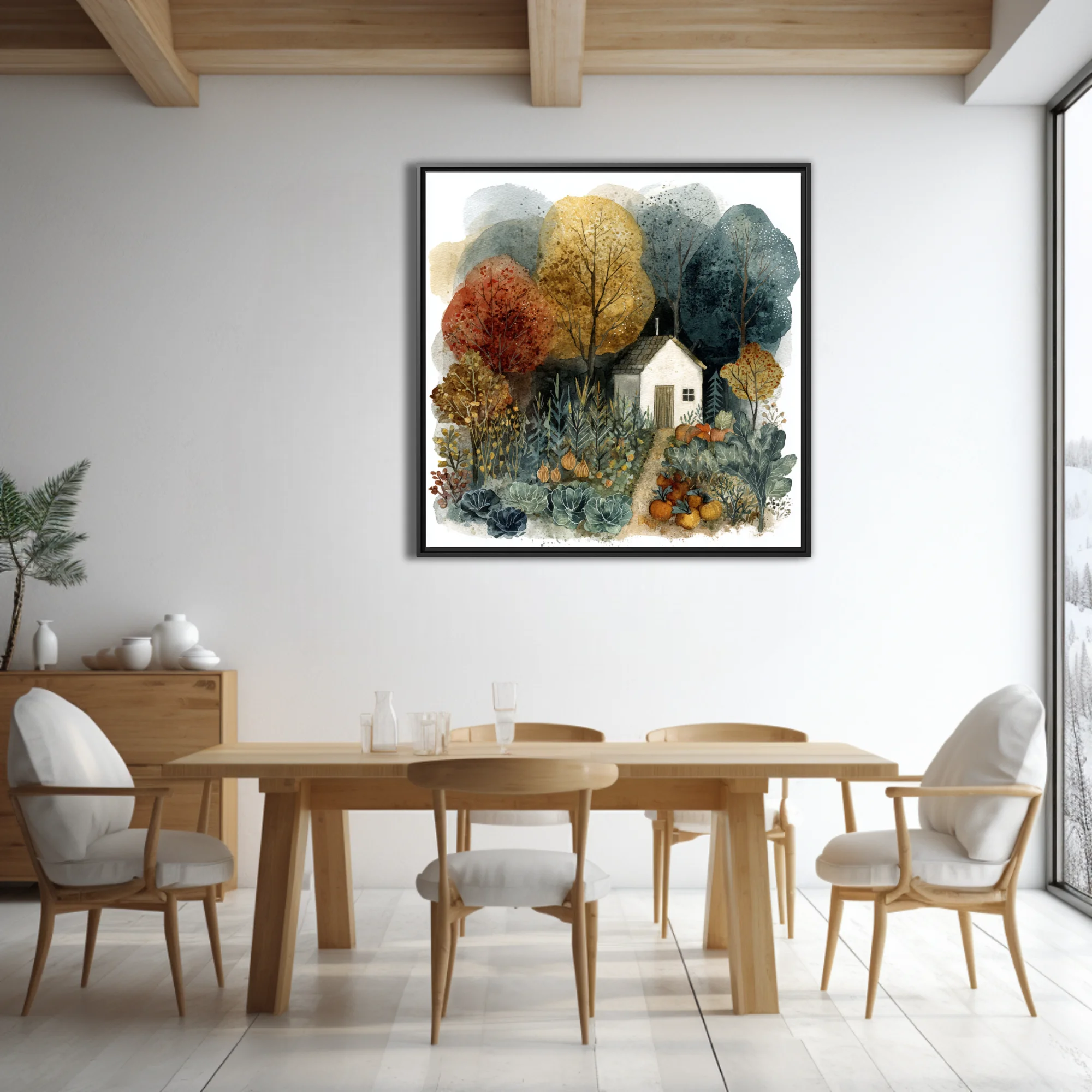 Watercolor-style autumn cottage garden with harvest vegetables and colorful fall trees