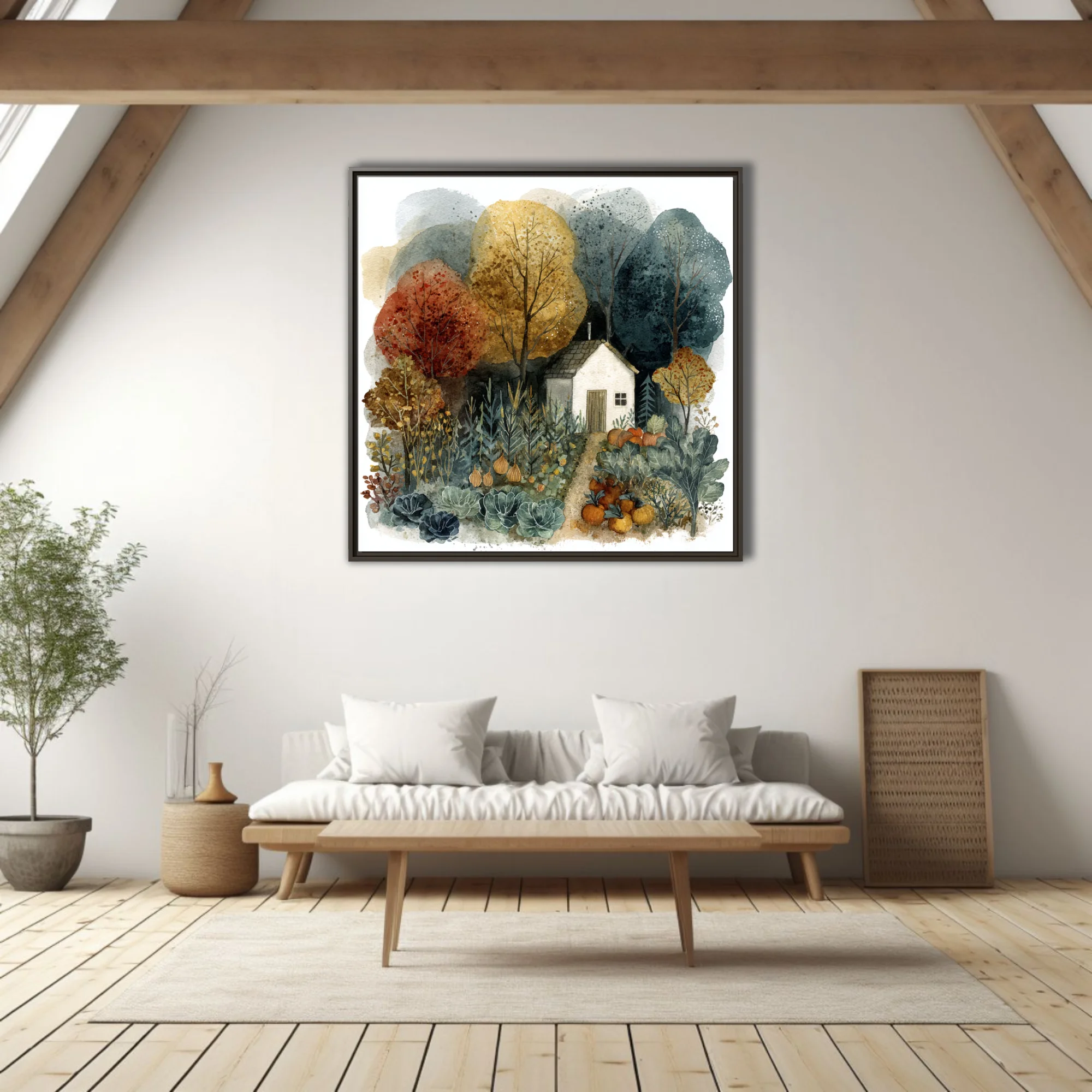 Watercolor-style autumn cottage garden with harvest vegetables and colorful fall trees