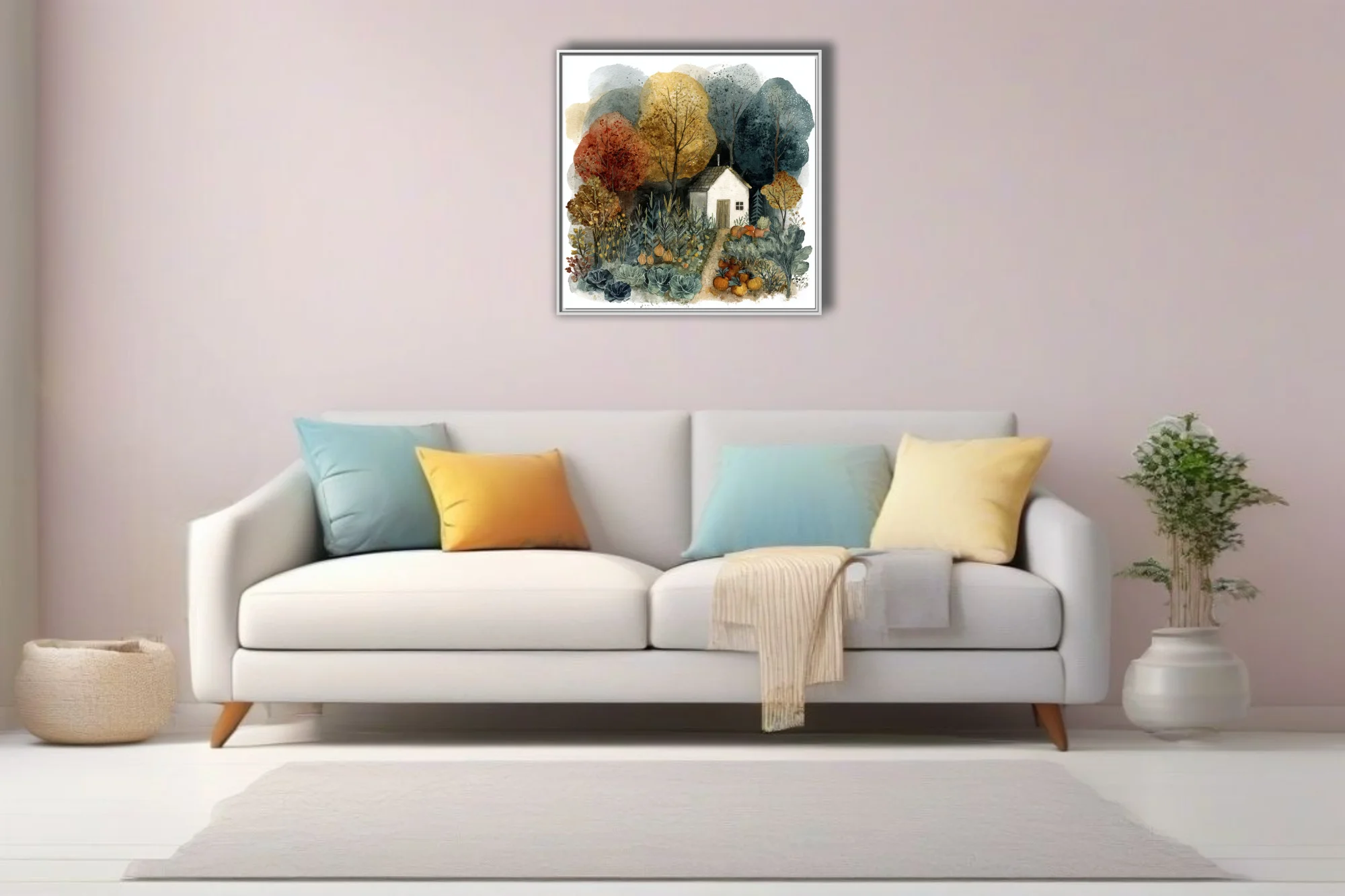 Watercolor-style autumn cottage garden with harvest vegetables and colorful fall trees