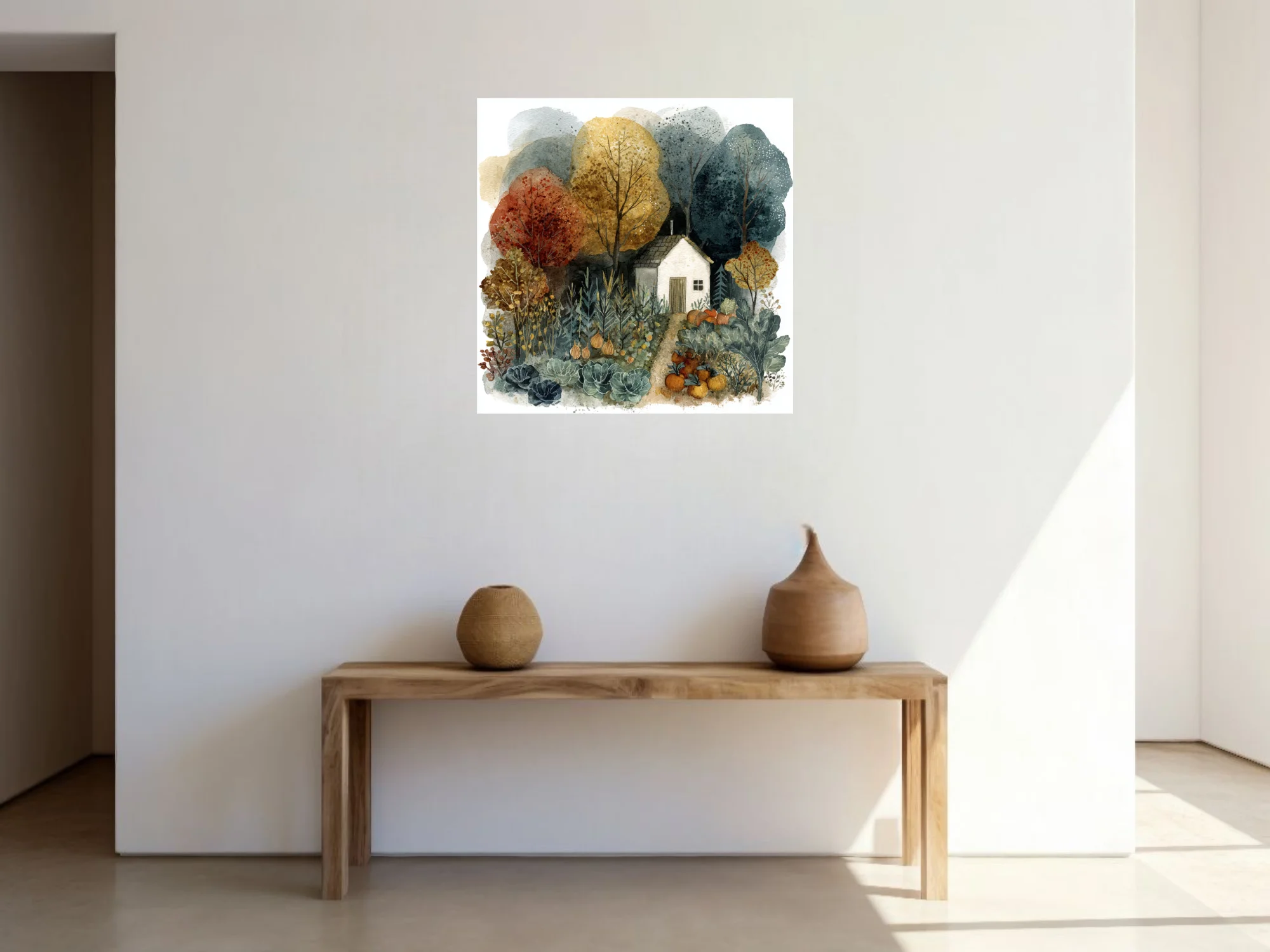 Watercolor-style autumn cottage garden with harvest vegetables and colorful fall trees
