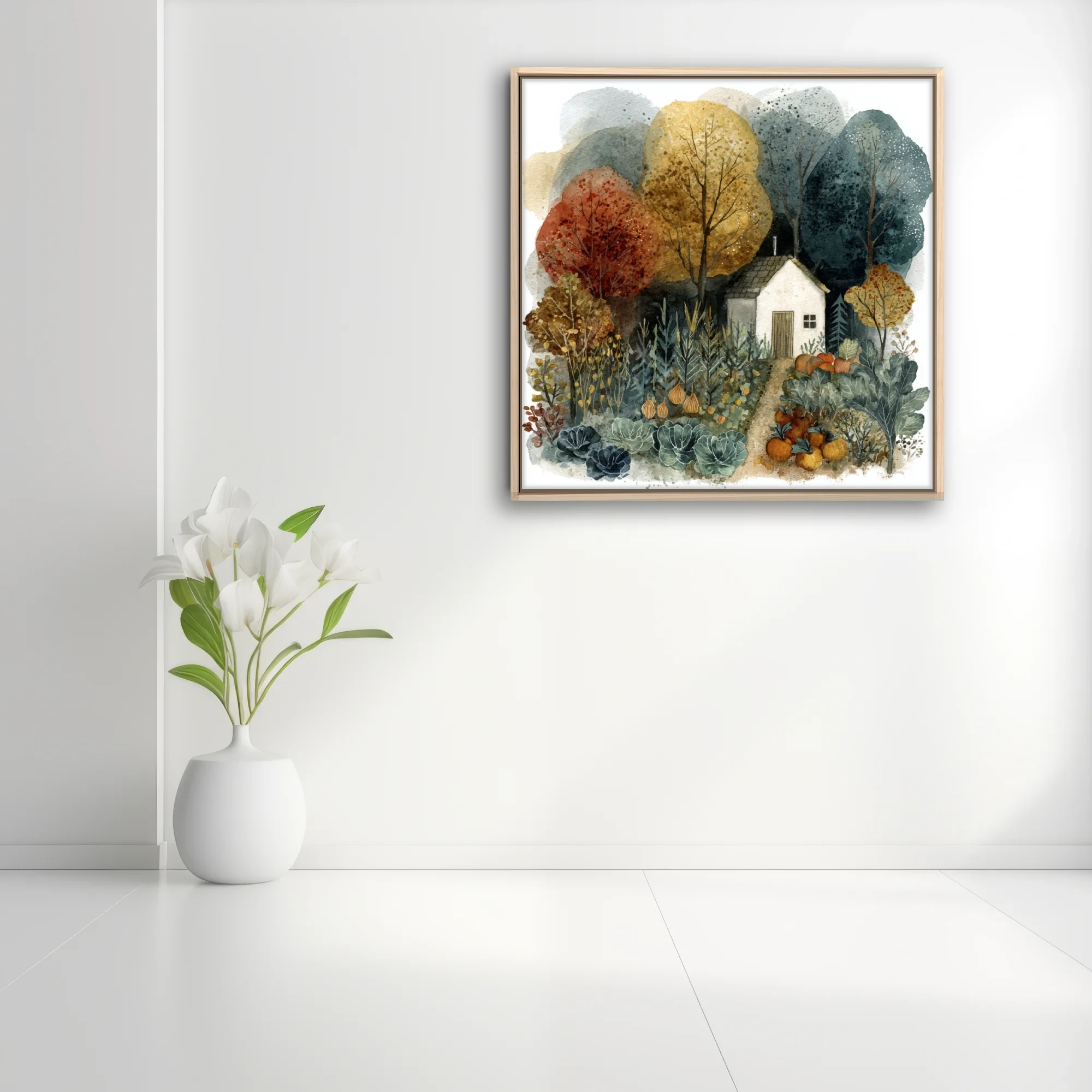 Watercolor-style autumn cottage garden with harvest vegetables and colorful fall trees