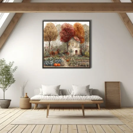 Watercolor-style autumn cottage with kitchen garden, crimson and amber foliage