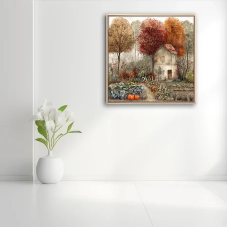 Watercolor-style autumn cottage with kitchen garden, crimson and amber foliage