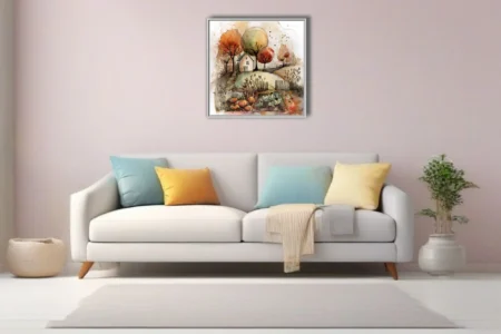 Watercolor-style autumn cottage with harvest garden, amber trees, and stone steps