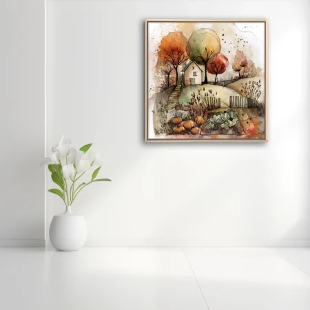 Watercolor-style autumn cottage with harvest garden, amber trees, and stone steps