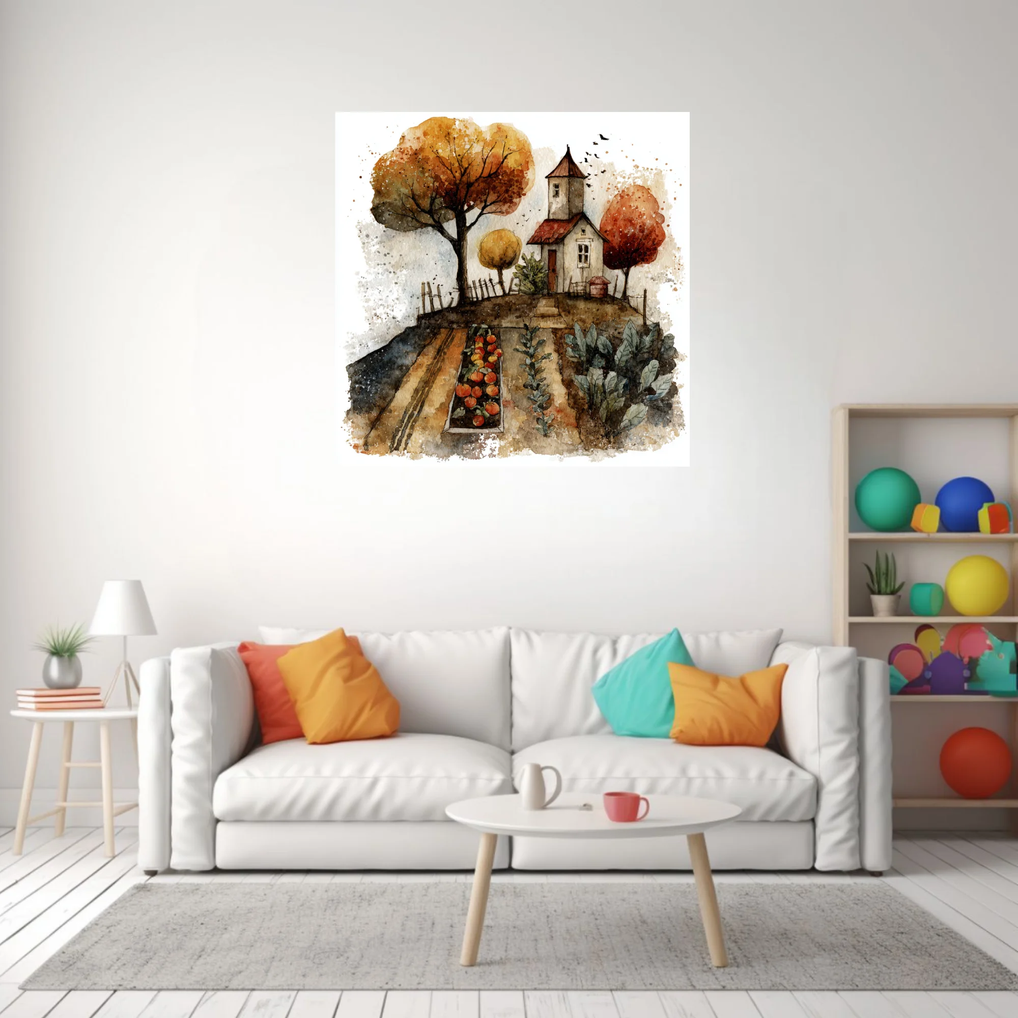Watercolor-style autumn farmhouse with vegetable garden, amber trees, and harvest tones