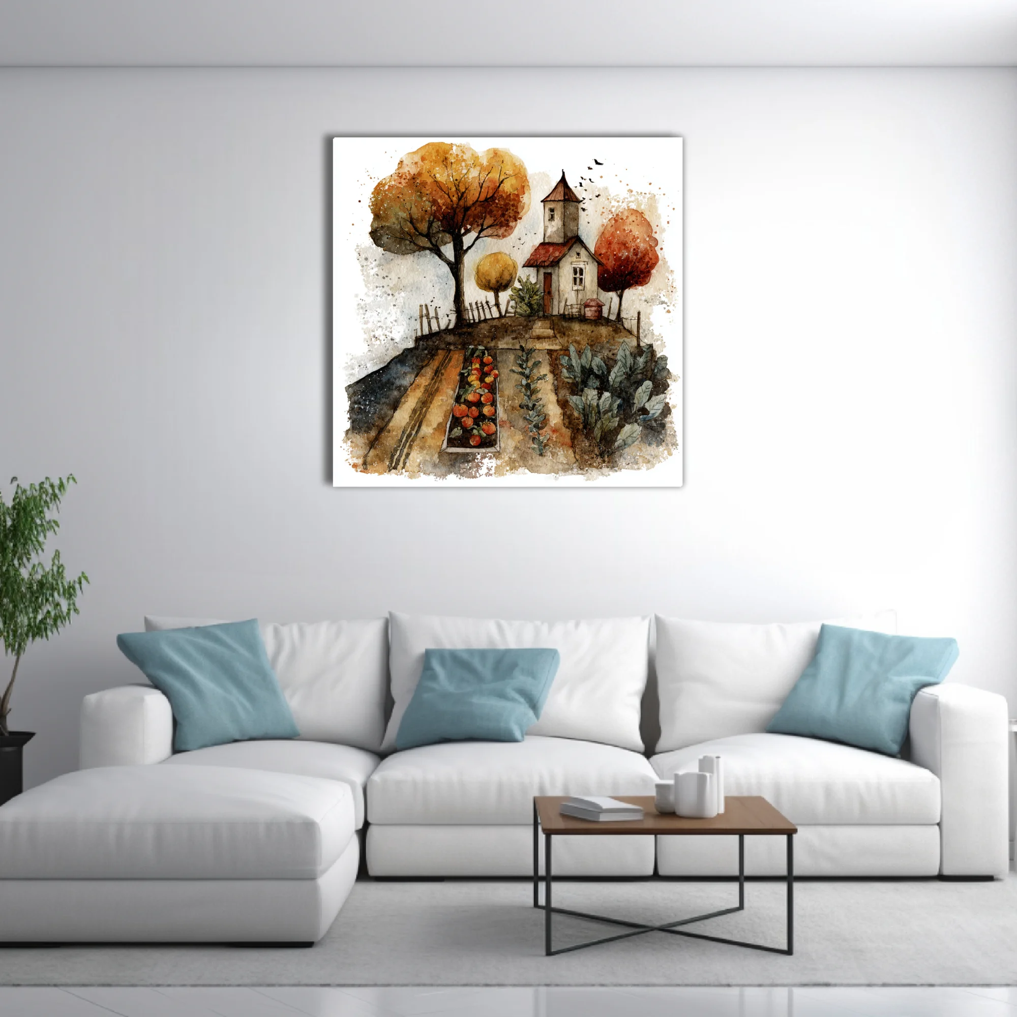 Watercolor-style autumn farmhouse with vegetable garden, amber trees, and harvest tones