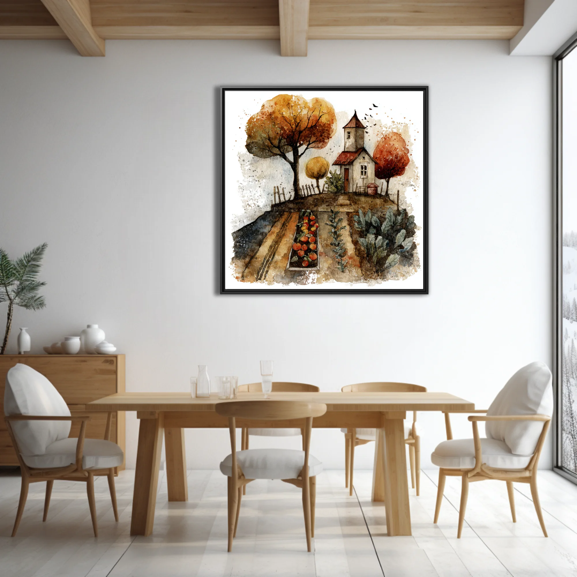 Watercolor-style autumn farmhouse with vegetable garden, amber trees, and harvest tones