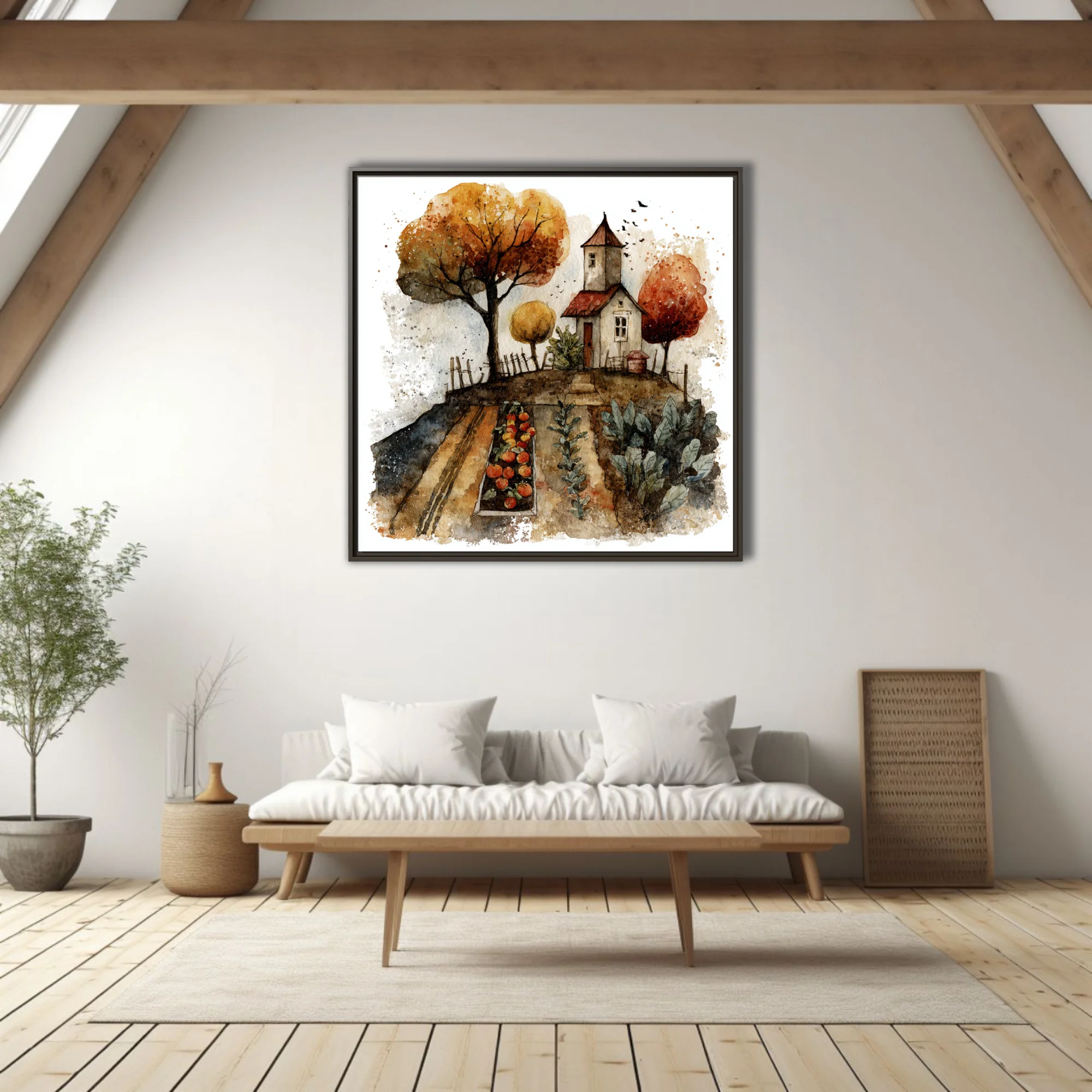 Watercolor-style autumn farmhouse with vegetable garden, amber trees, and harvest tones