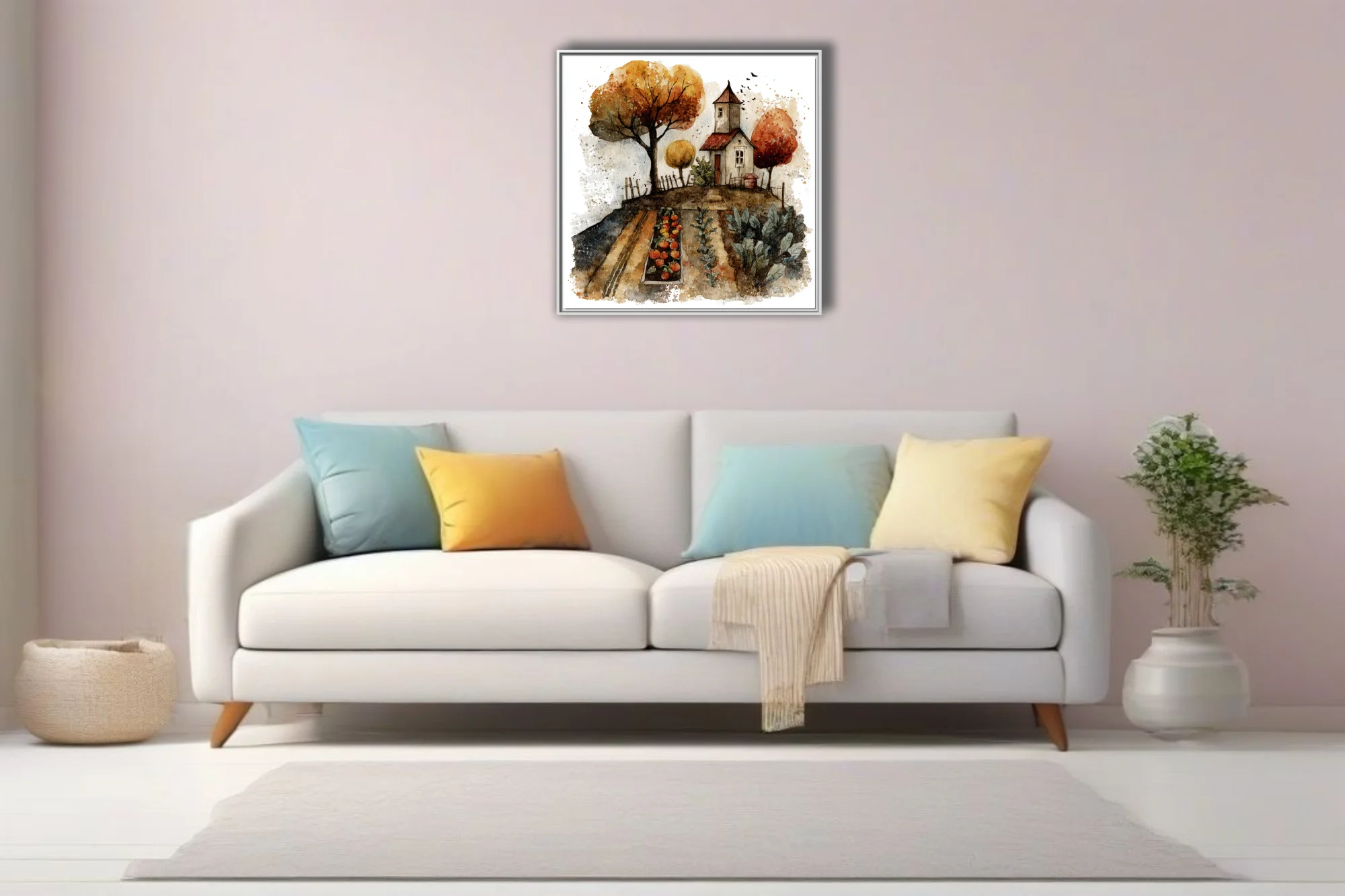 Watercolor-style autumn farmhouse with vegetable garden, amber trees, and harvest tones