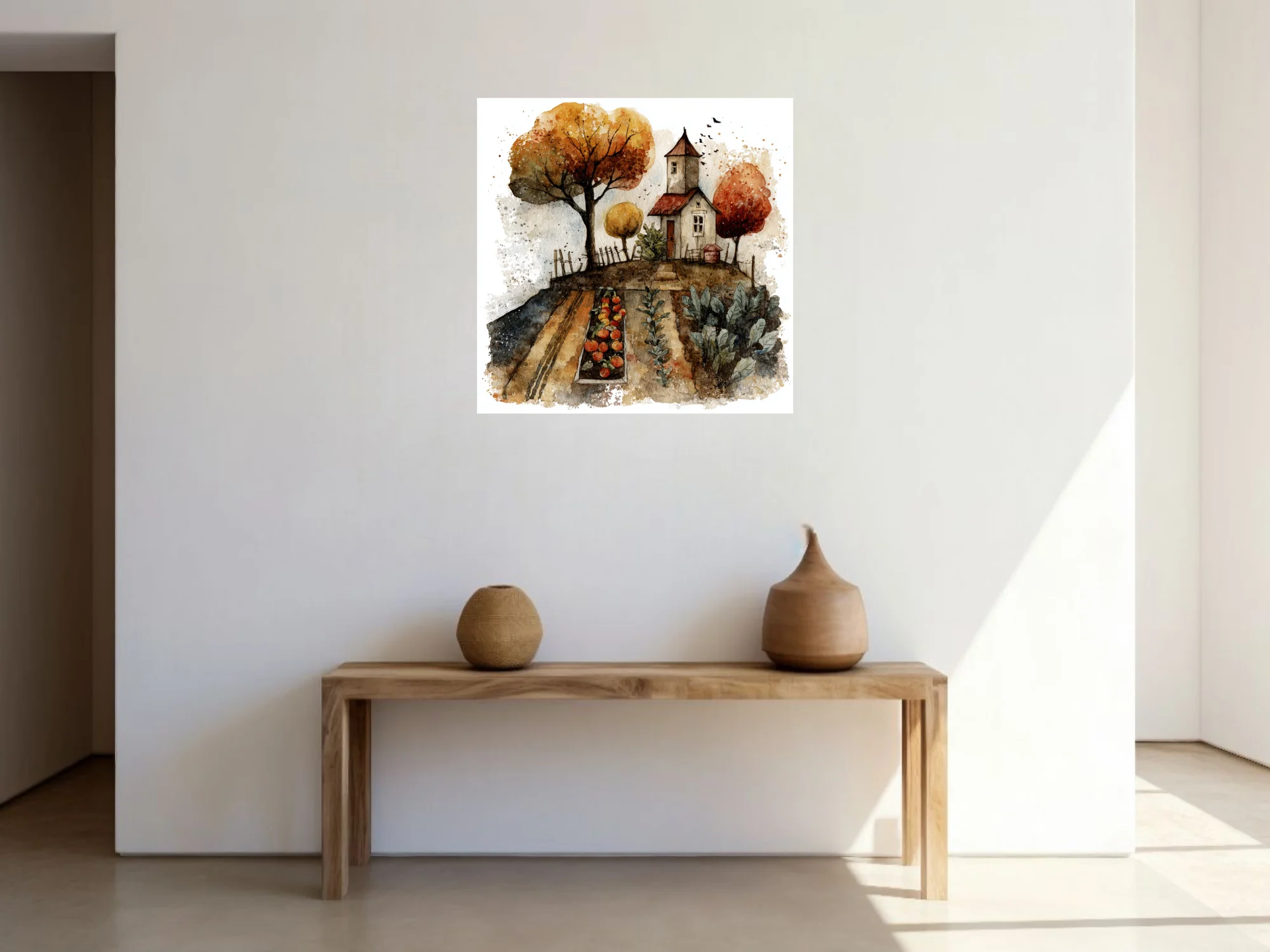 Watercolor-style autumn farmhouse with vegetable garden, amber trees, and harvest tones