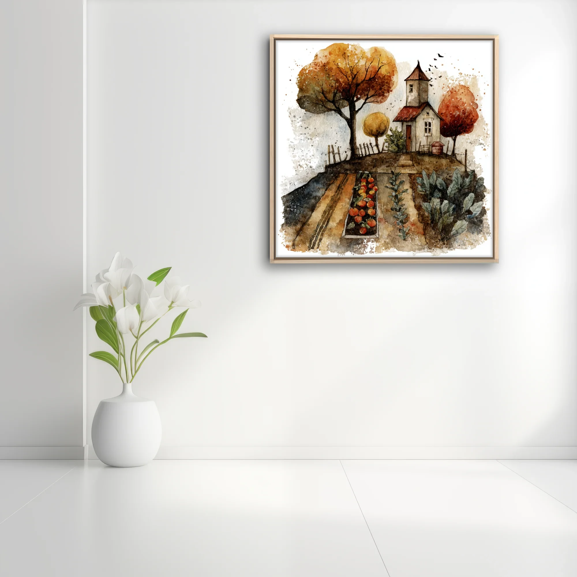 Watercolor-style autumn farmhouse with vegetable garden, amber trees, and harvest tones