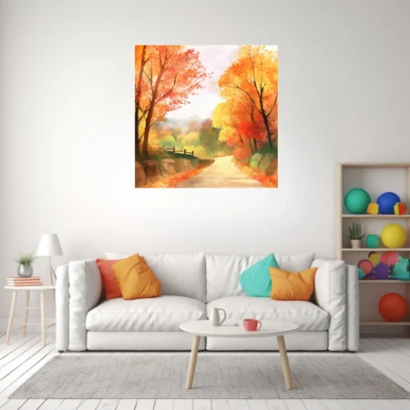 Watercolor-style autumn landscape with fiery foliage, country path, and rustic fence in warm gold tones