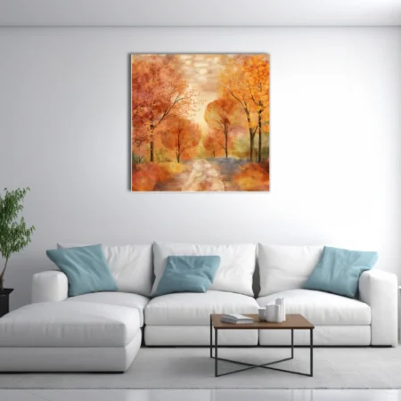 Watercolor-style autumn landscape with amber and gold foliage along a soft pale woodland path