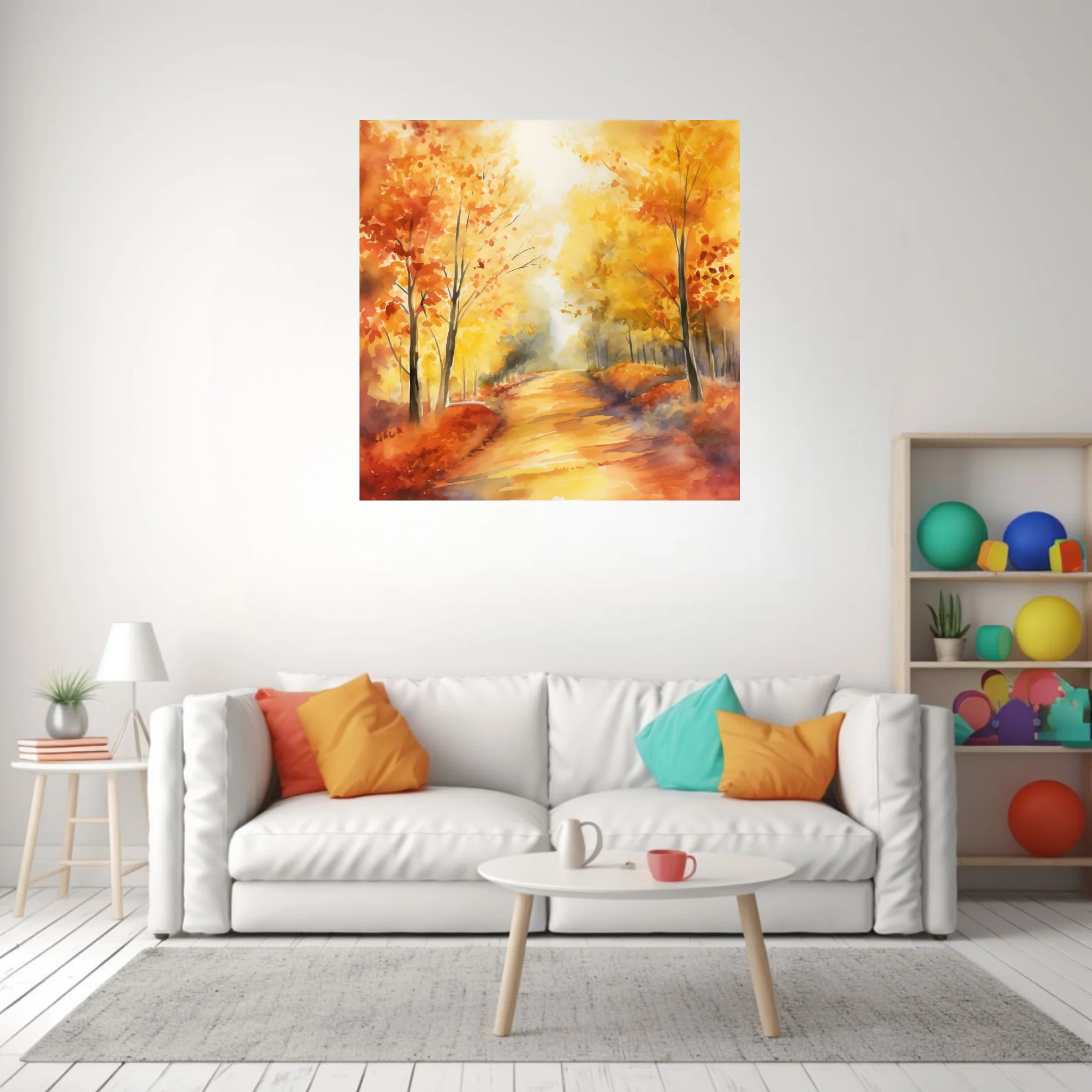 Watercolor-style autumn forest path with amber, gold, and ember-red foliage in soft glowing light