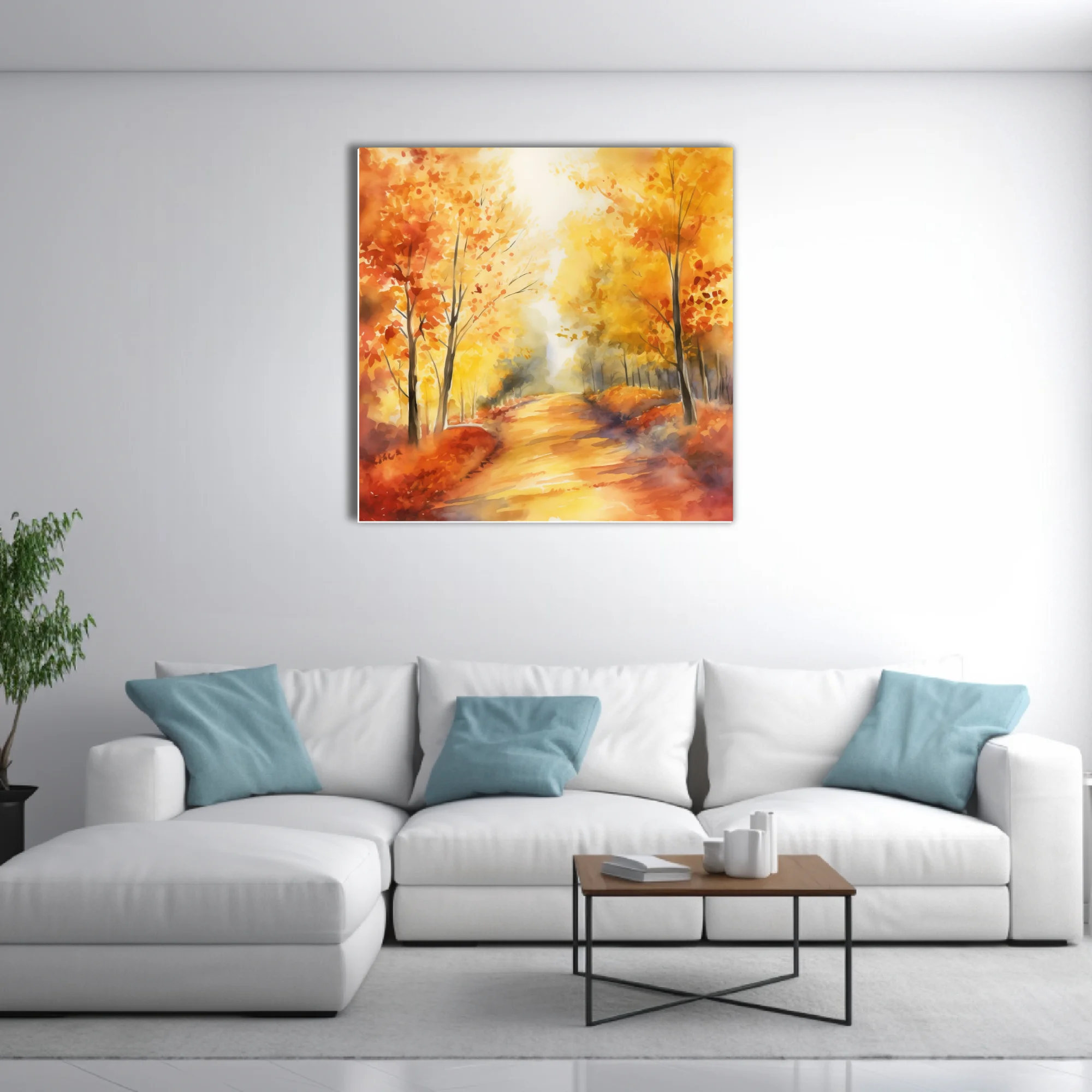 Watercolor-style autumn forest path with amber, gold, and ember-red foliage in soft glowing light
