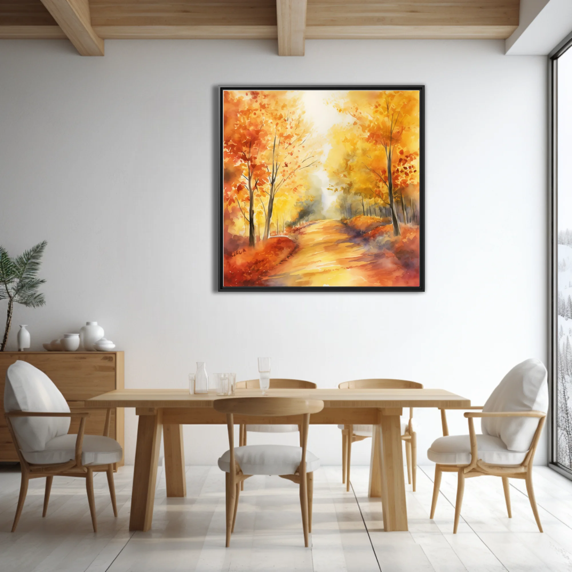 Watercolor-style autumn forest path with amber, gold, and ember-red foliage in soft glowing light