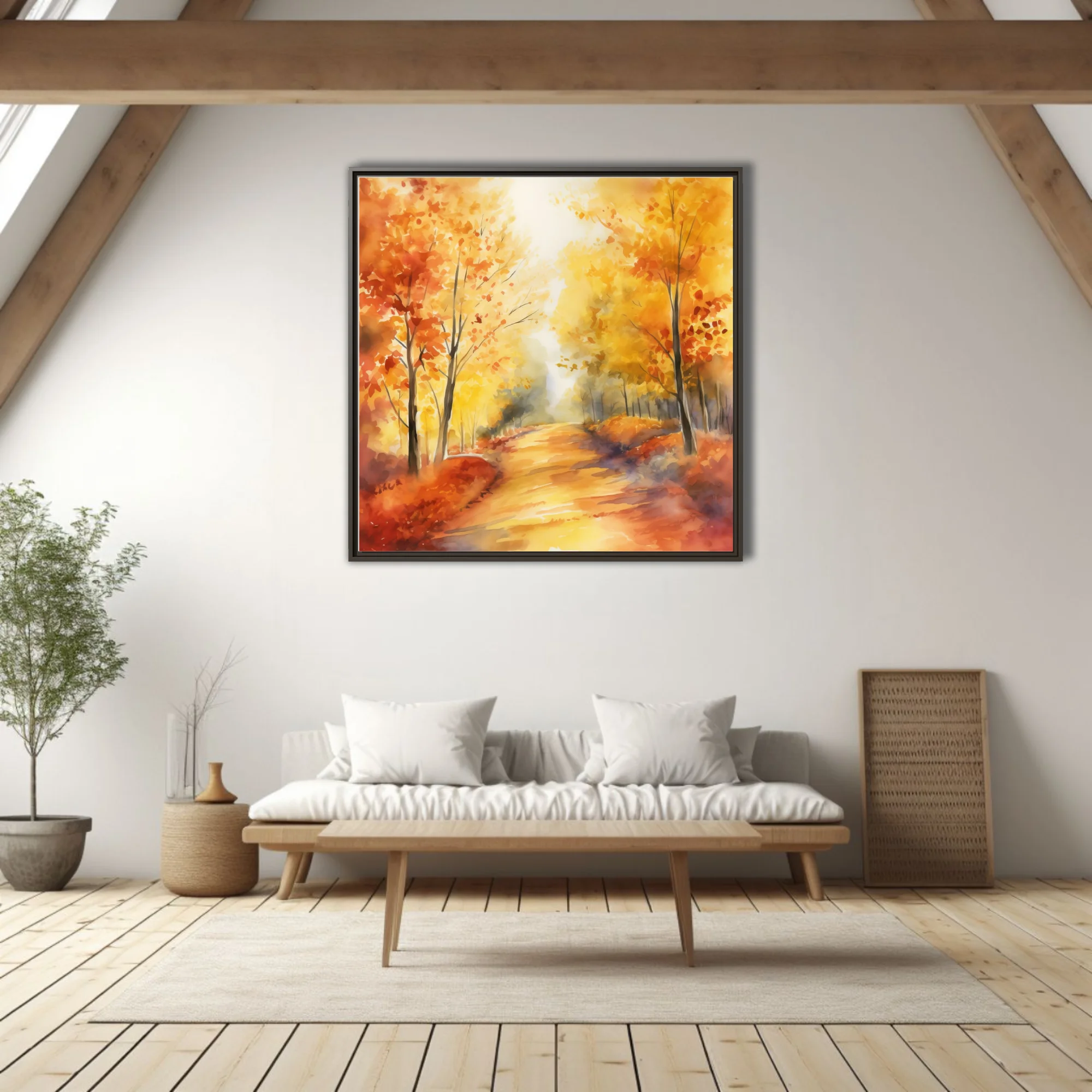 Watercolor-style autumn forest path with amber, gold, and ember-red foliage in soft glowing light