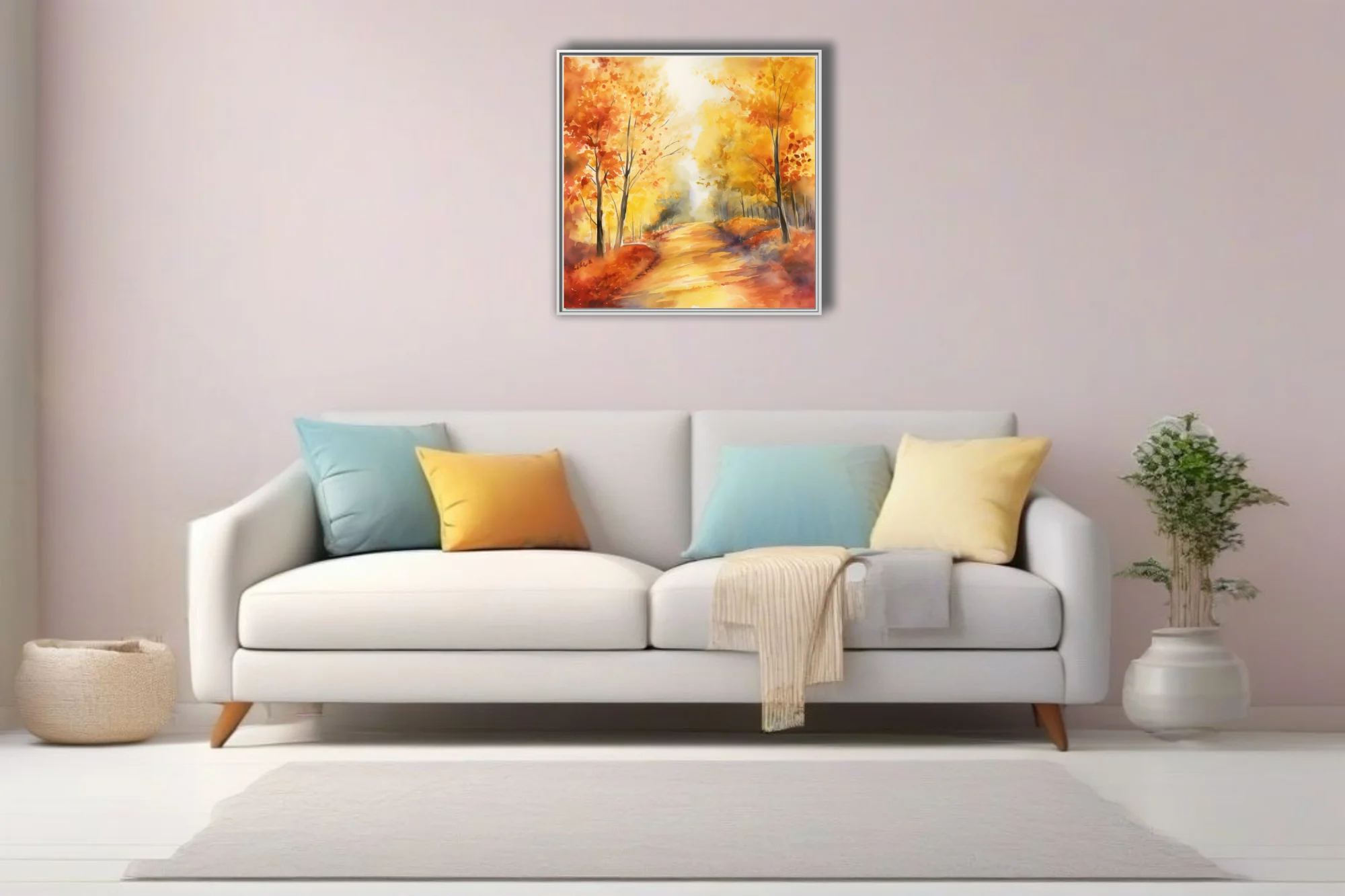 Watercolor-style autumn forest path with amber, gold, and ember-red foliage in soft glowing light