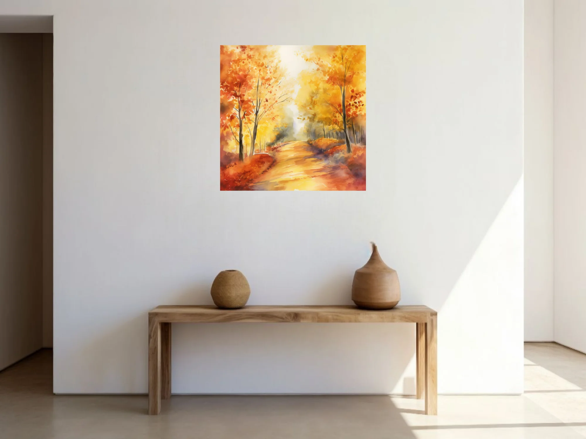 Watercolor-style autumn forest path with amber, gold, and ember-red foliage in soft glowing light