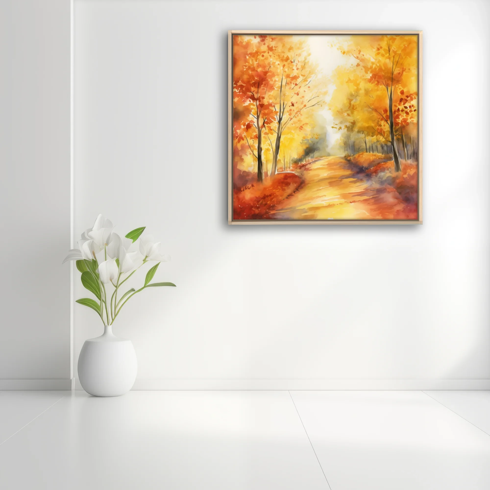 Watercolor-style autumn forest path with amber, gold, and ember-red foliage in soft glowing light