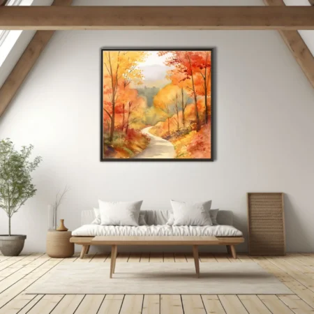 Watercolor-style autumn forest landscape with winding path, fiery red, orange and gold foliage