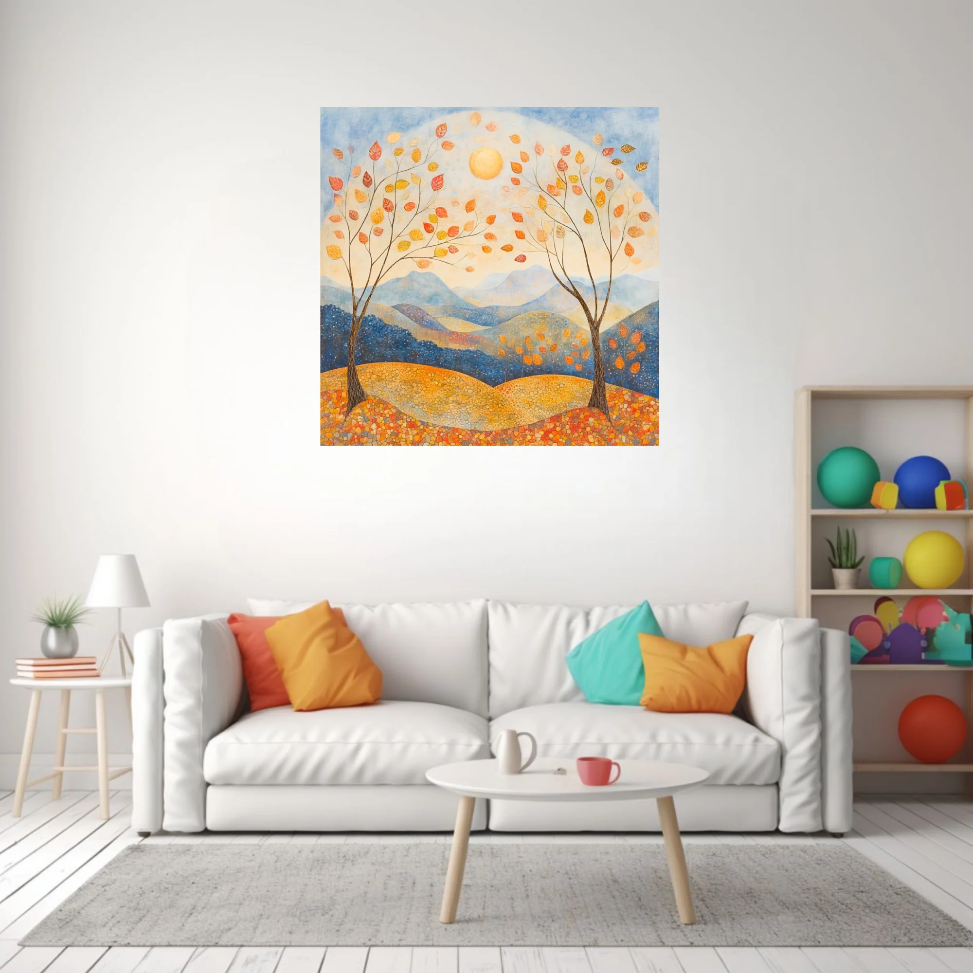 Folk-style autumn landscape with mosaic earth, drifting leaves, and warm amber palette