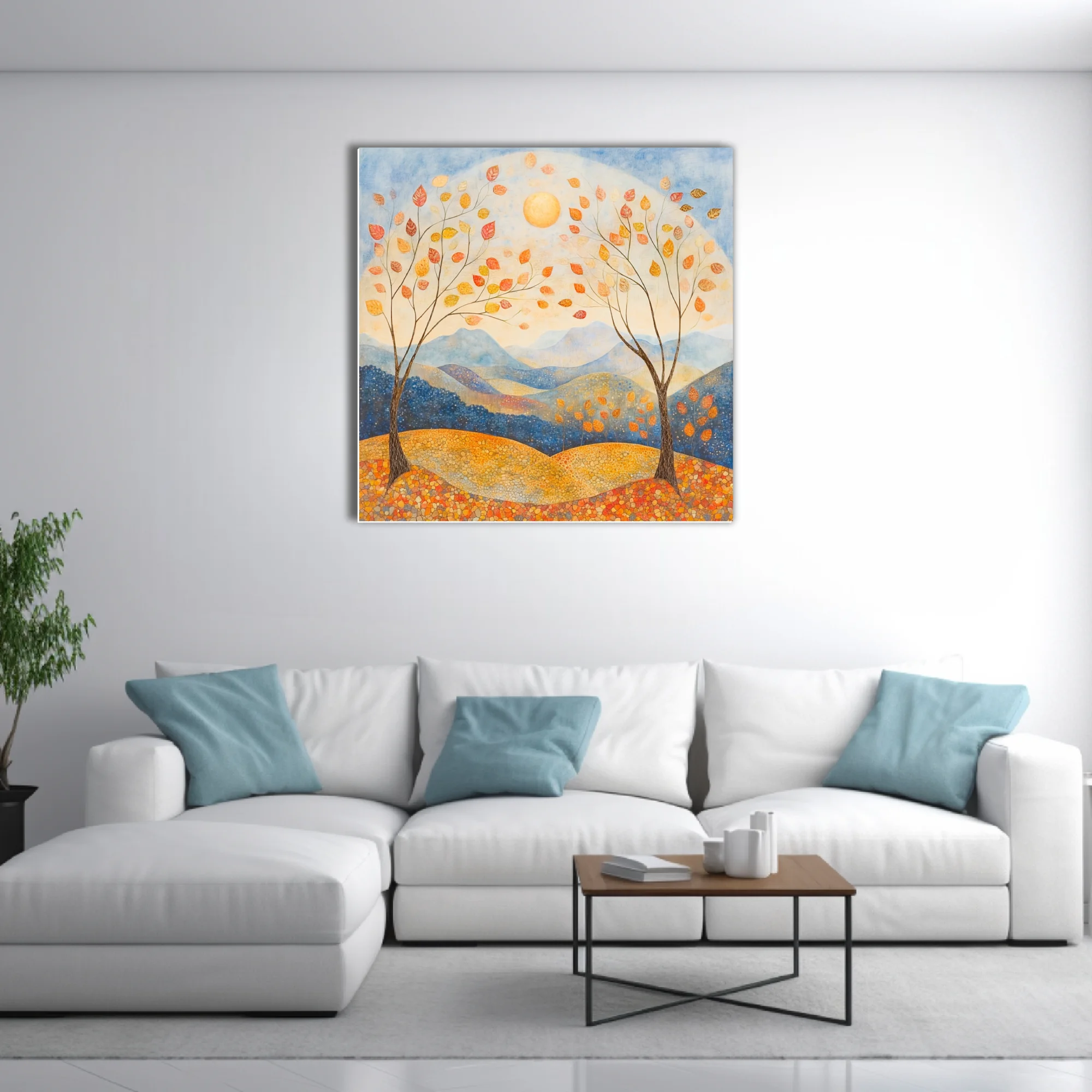 Folk-style autumn landscape with mosaic earth, drifting leaves, and warm amber palette