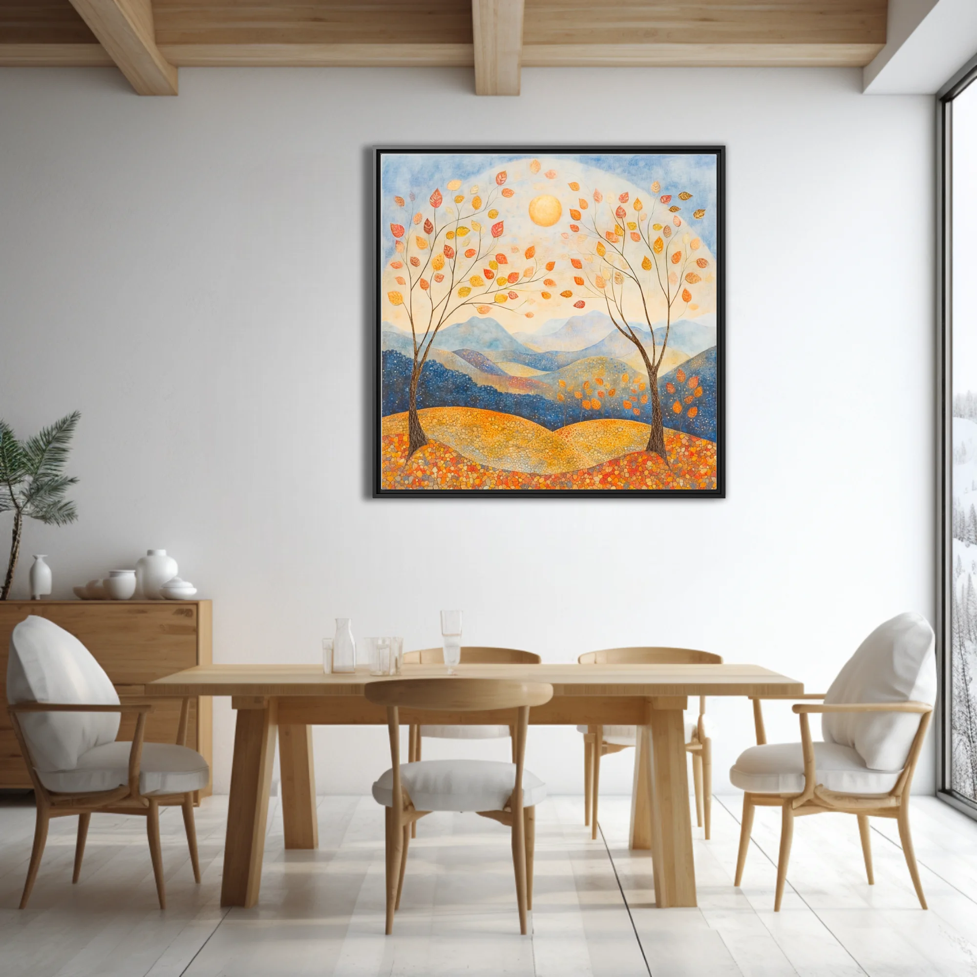Folk-style autumn landscape with mosaic earth, drifting leaves, and warm amber palette