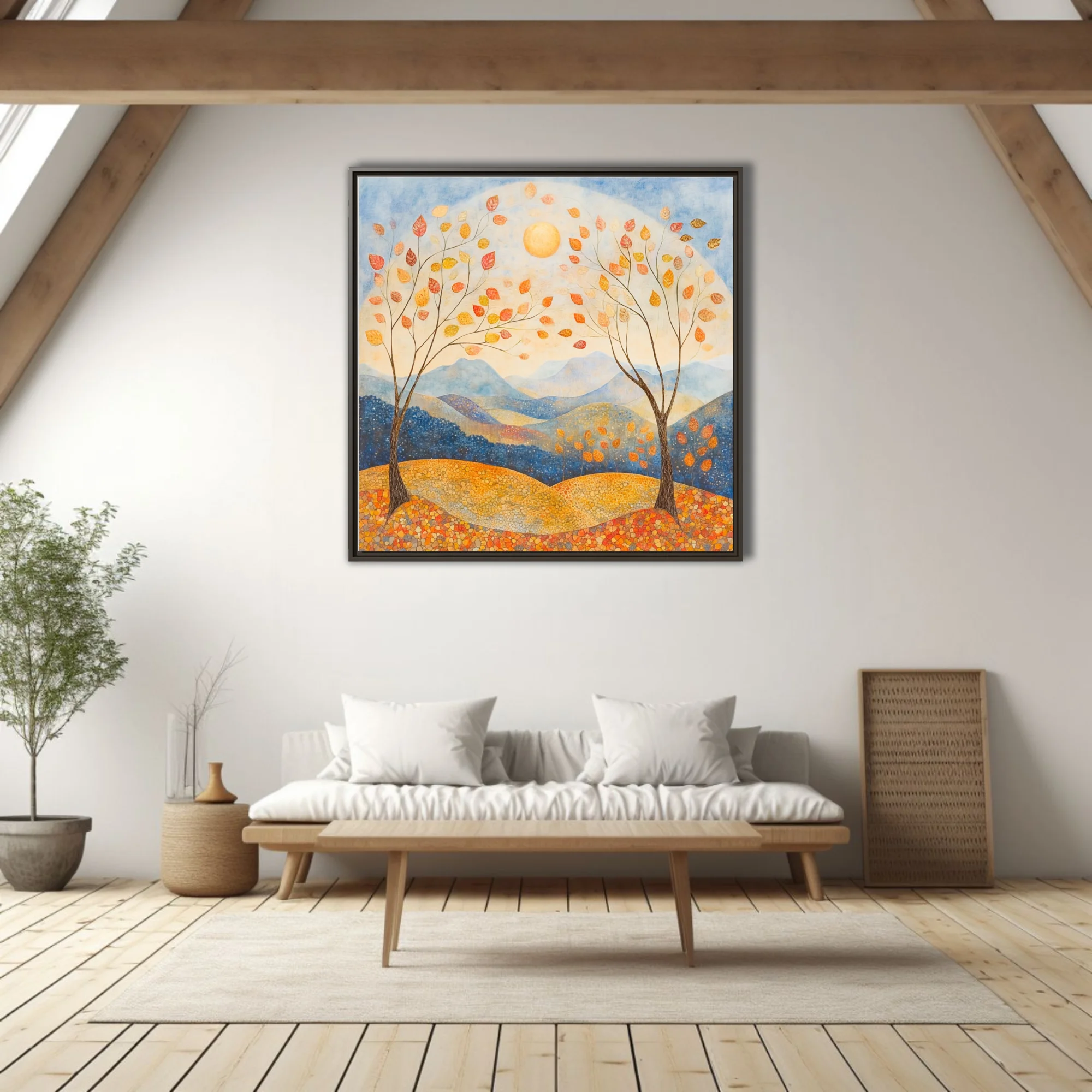 Folk-style autumn landscape with mosaic earth, drifting leaves, and warm amber palette