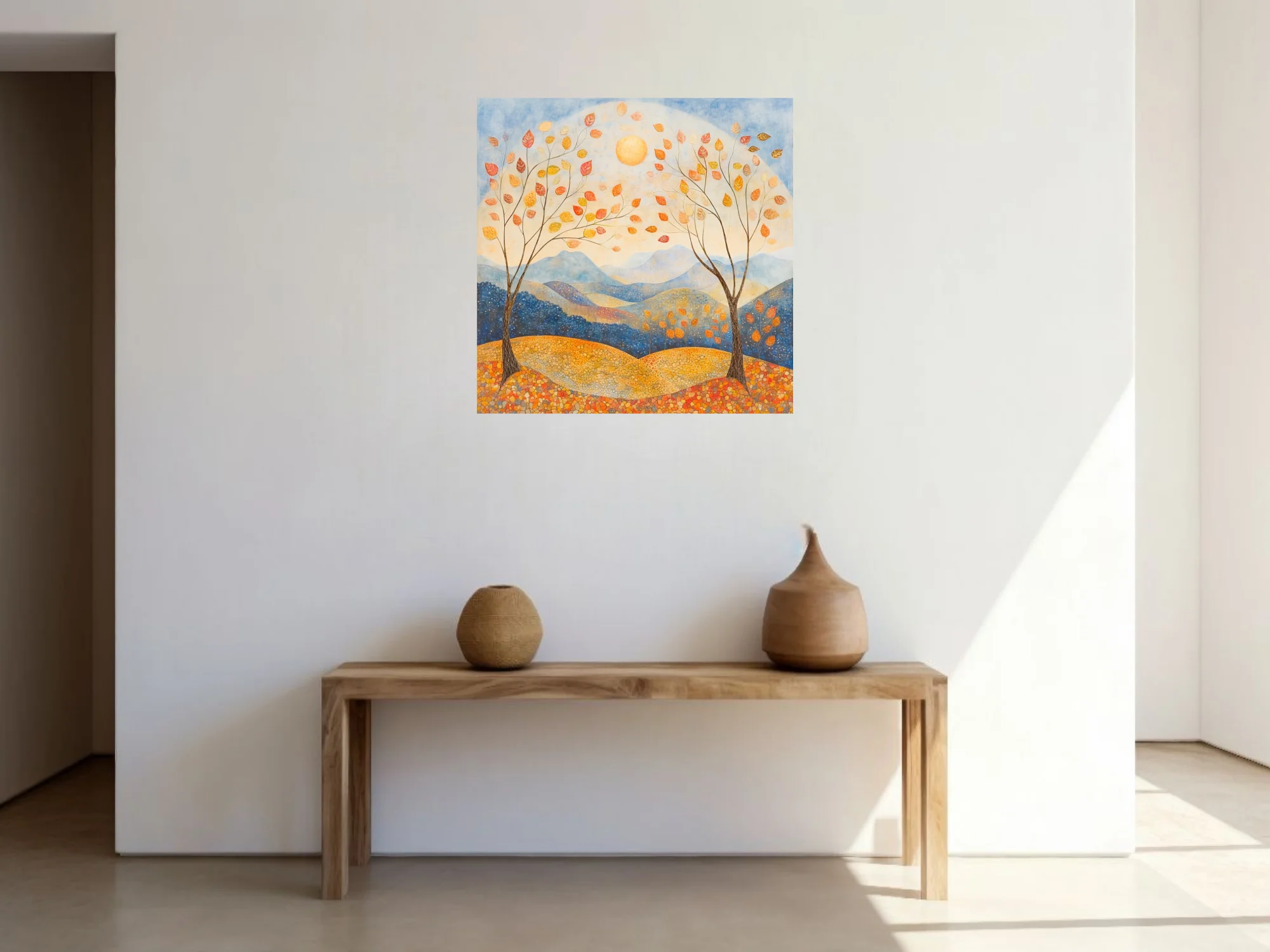 Folk-style autumn landscape with mosaic earth, drifting leaves, and warm amber palette