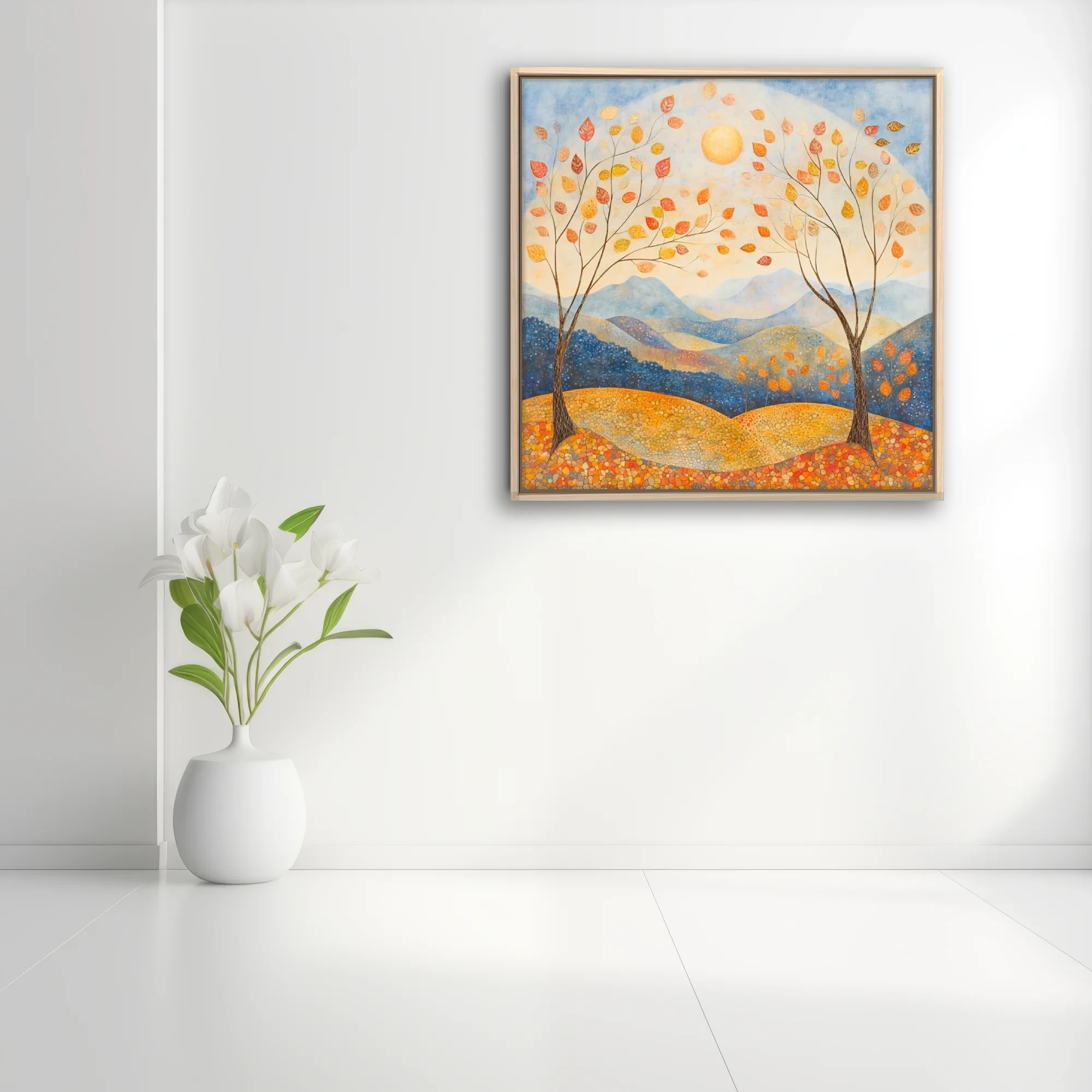 Folk-style autumn landscape with mosaic earth, drifting leaves, and warm amber palette