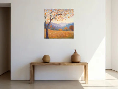 Stippled autumn landscape with maple tree, wildflower meadow, and hazy blue mountain ridges