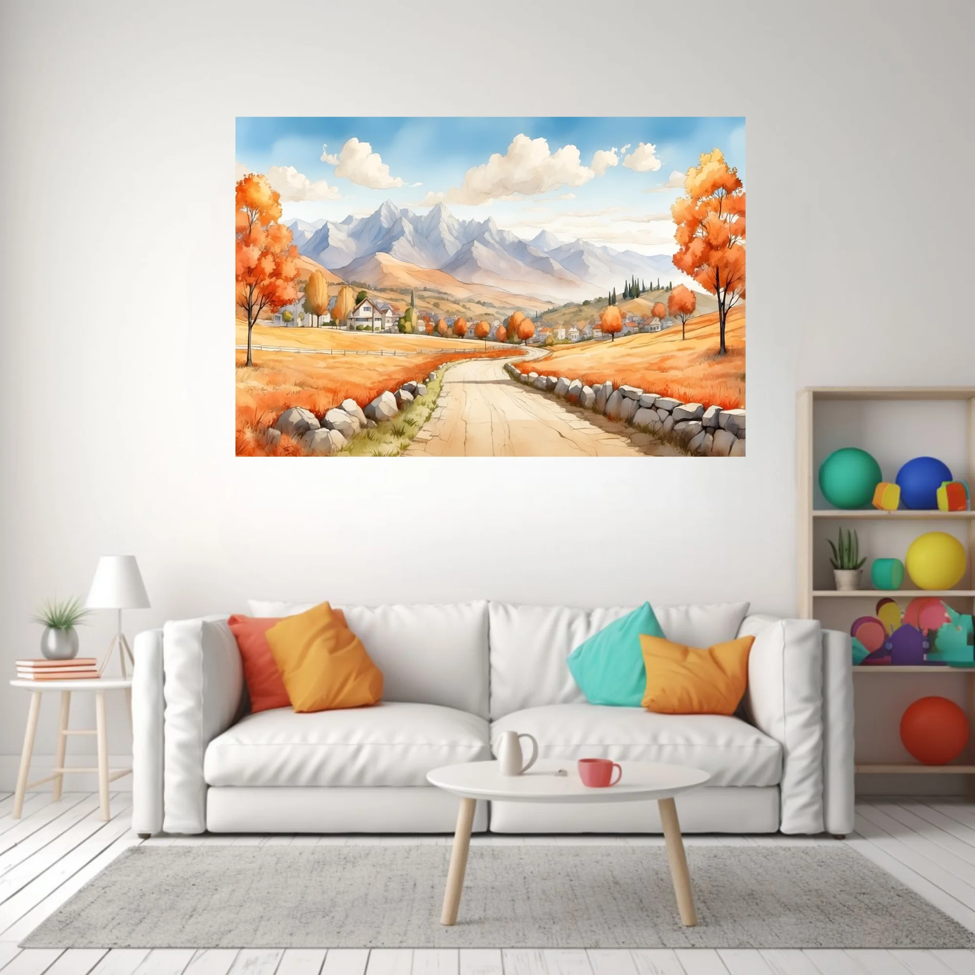 Watercolor-style autumn countryside with winding road, stone walls, and mountain backdrop